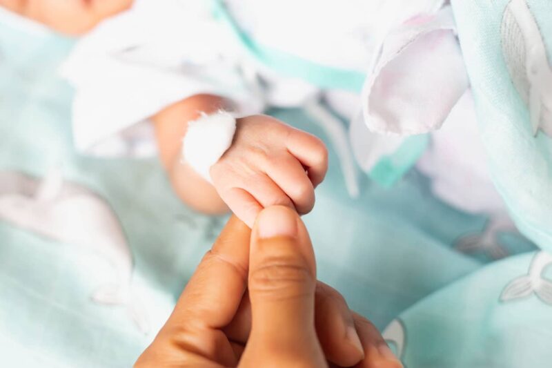Klein babyhandje te vroeg geboren baby