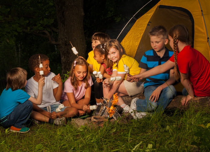 voor het eerst op schoolkamp - kinderen met marsmallows bij kampvuur
