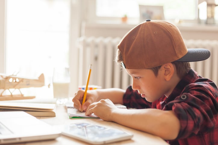 educatief speelgoed voor een 8-jarige - jongen schrijft in dagboek